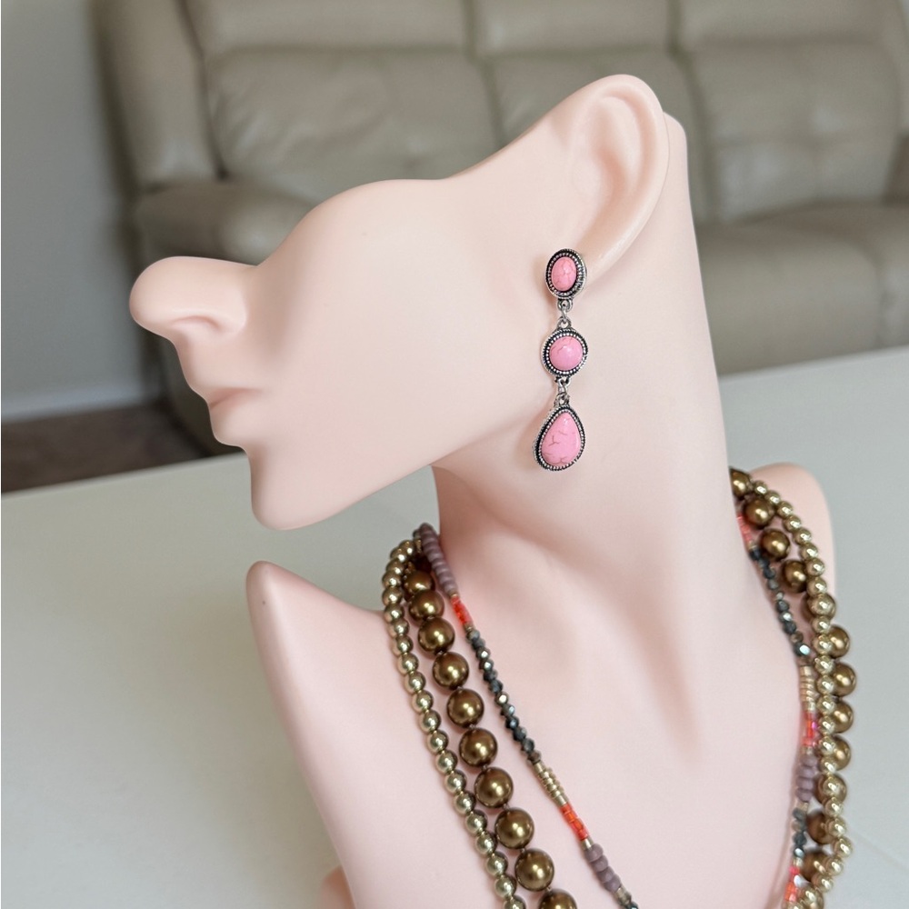 Pink Triple-Drop Stone Dangle Earrings - Women Jewelry